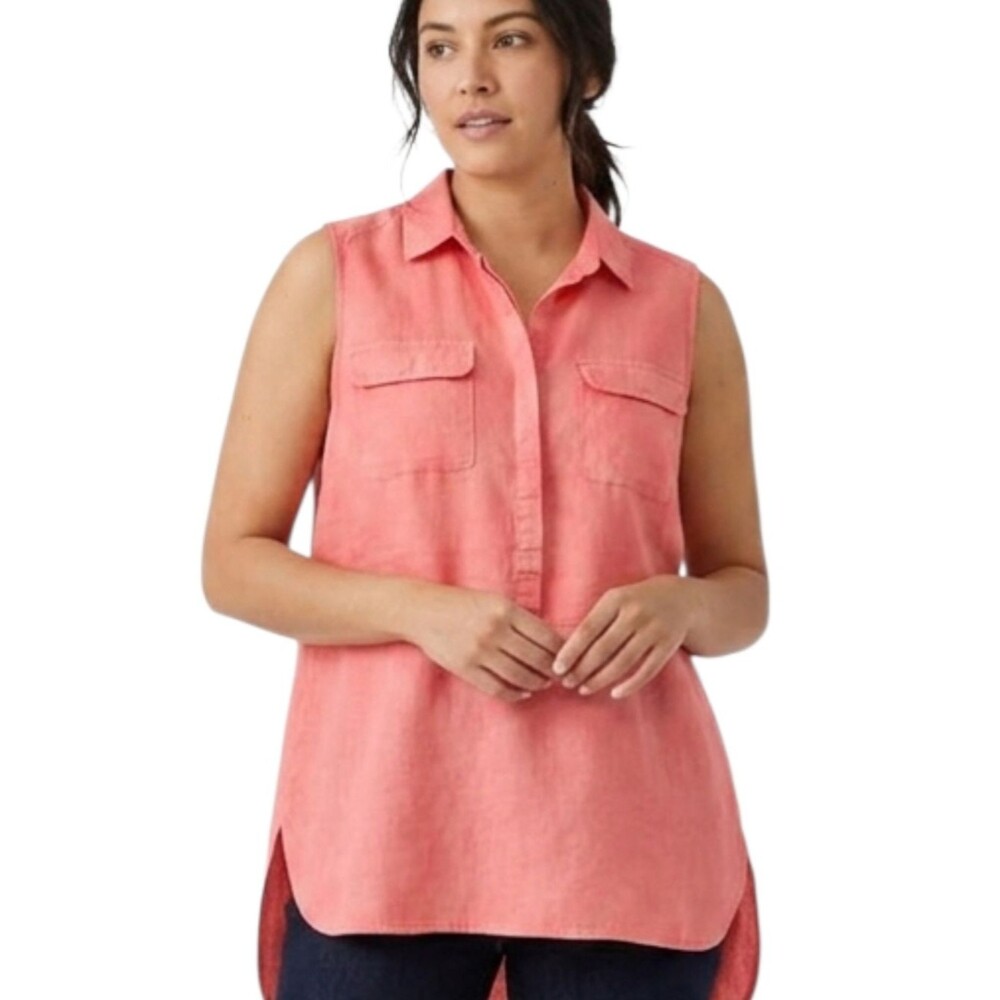 Linen Sleeveless Button Front Popover Tunic Blouse Top XL Coral Pink